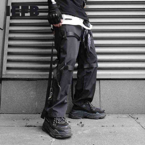 

iefb overalls male tidal spring pants hip-hop weaving ribbons zipper design loose trousers for men loose causal 9y201 210524, Black