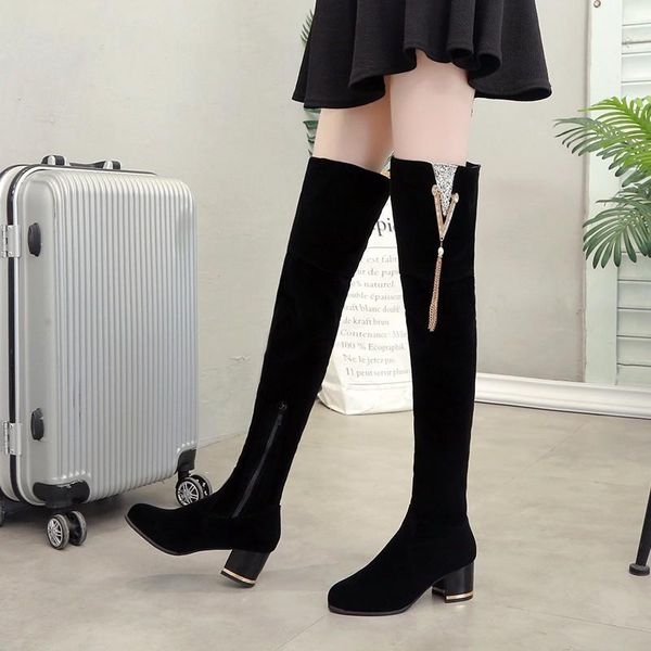 

boots autumn winter over knee the suede goth zipper snow chunky mid heels women shoes botas sexy, Black