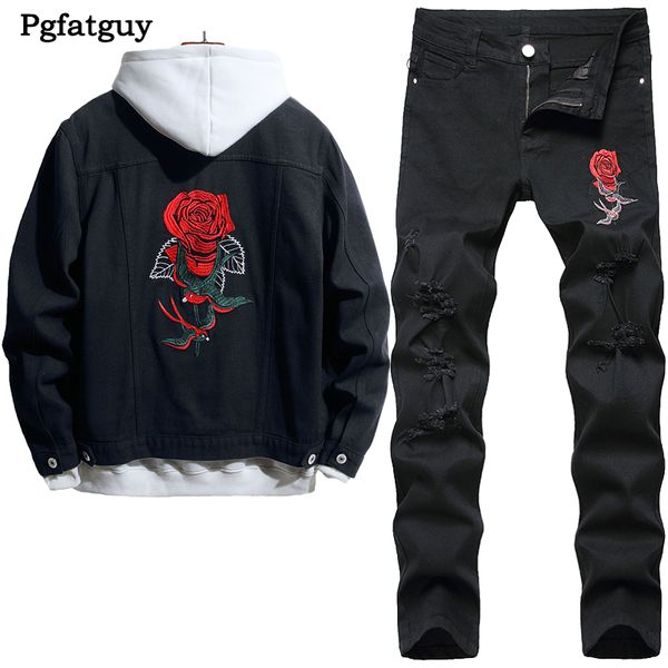 Herren-Trainingsanzüge mit Rosen-Blumen-Stickerei, schwarze Jacke, Jeans, 2-teiliges Set, Persönlichkeitsmuster, Jeansmantel und schmale, dehnbare, zerrissene Hose