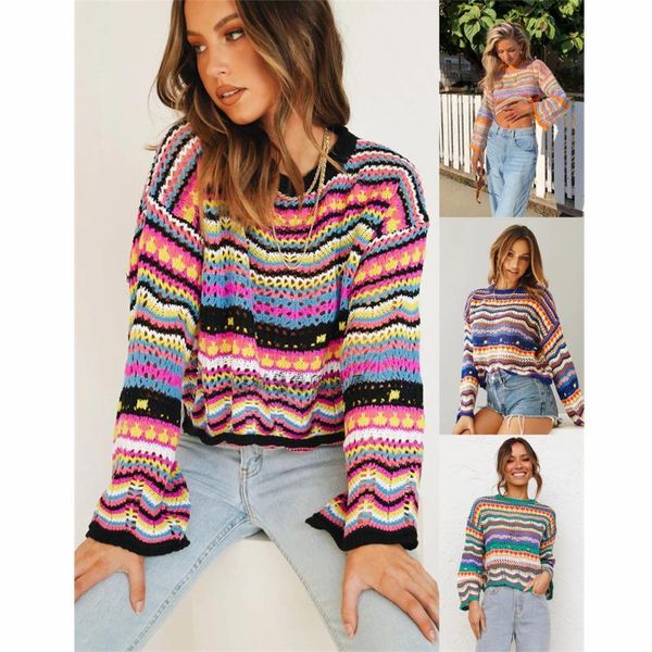 

women's sweaters 2021 autumn/winter european and american stitching knitwear loose color rainbow round neck striped sweater fashion acr, White;black