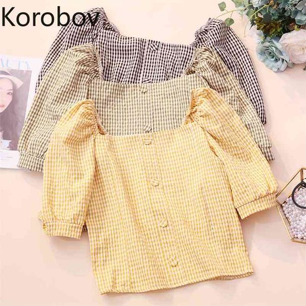

korobov new chic square collar women blouses vintage plaid sweet crop korean puff sleeve mujer blusas 2a776 210430, White