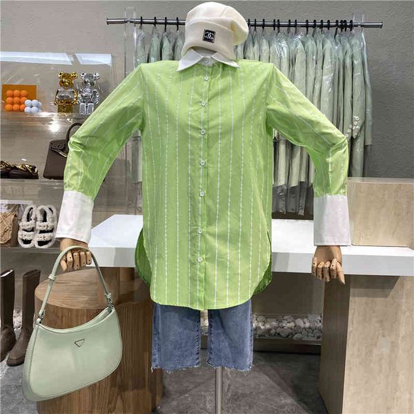 

sweaters niche design 2021 color contrast sleeves vertical women's stripe drop medium lapel slip shirt collar, White;black