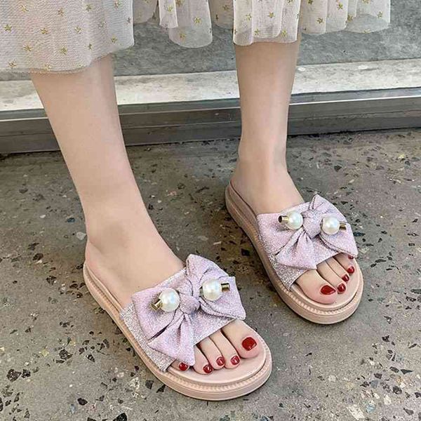 

sandals sequined cloth bowtie flat slippers women pearl thick bottom platform woman fashion open toe med heels slides cjk5, Black