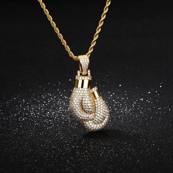 Anhänger Halsketten Herren Hip Hop Schmuck Boxhandschuhe Halskette und Charm Seilkette Golden Gold Zirkonia