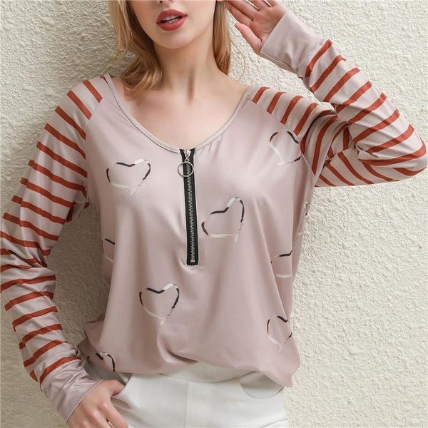 

women's blouses & shirts 2021 women heart print casual zipper v neck shirt autumn polyester long sleeve elegant ladies streetwear, White