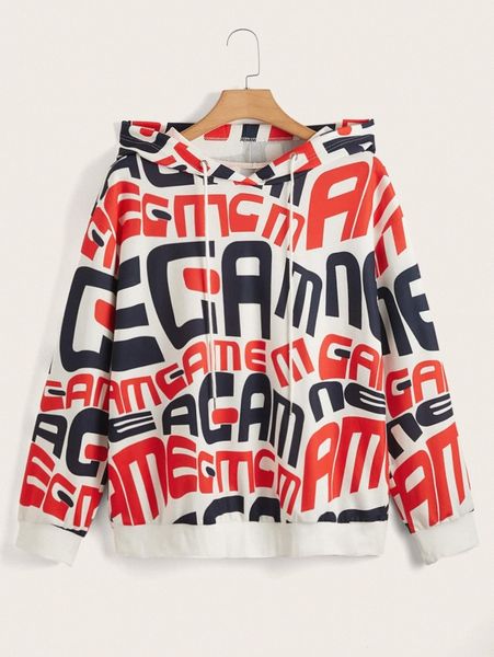 

plus letter graphic drop shoulder drawstring hoodie r0ec#, Black