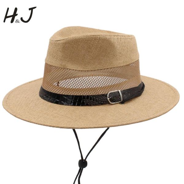 

stingy brim hats women men straw sun hat with mesh dad panama for beach sunbonnet jazz wind rope size 58cm a0182-xsj, Blue;gray