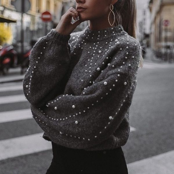 

women's sweaters 111213 women runway winter beading thick pearl knitted sweaters female lantern sleeve loose casual pullover autum, White;black