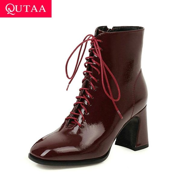

pu patent leather ankle boots autumn winter high heels square toe zipper lace up women short big size 34-43, Black