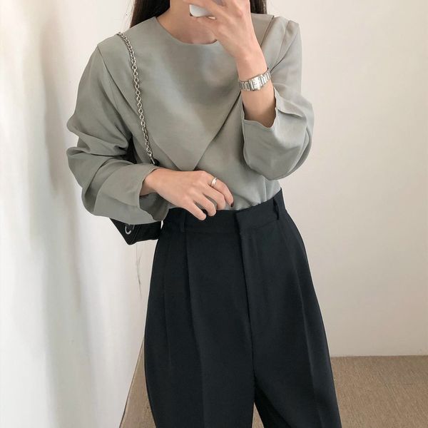 

shirt minimalist solid female chic 2021 korean ol brief lady high-quality high-street office streetwear elegant blouses, White