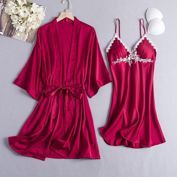 

women's sleepwear burgundy bride bridesmaid wedding robe set lace trim women nightgown loose casual kimono bathrobe gown home dress, Black;red