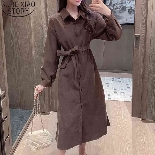 

vintage women maxi dress with belt autumn korean button cardigan dresses long sleeve single-breasted 1 210417, Black;gray