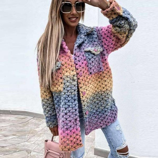 

women's wool & blends women's knitted sweater outerwear ladies elegant long sleeve mixed color cardigan coats causal loose lapel au, Black
