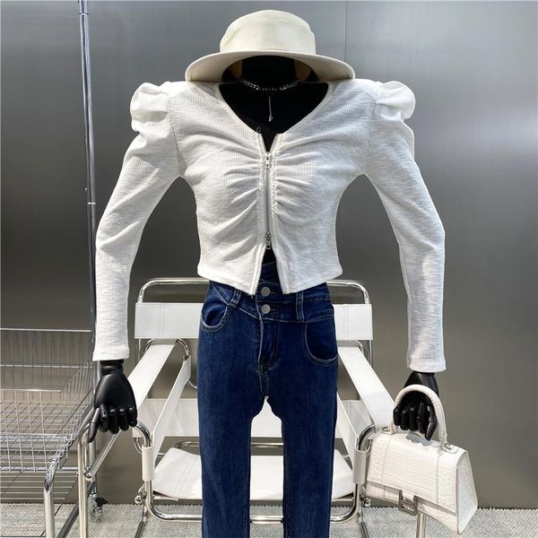 

women's sweaters brand original design 2021 sweet style foreign aging double zipper navel exposed bubble sleeve short shirt, White;black