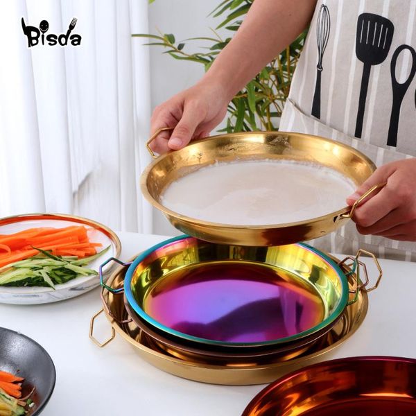 

dishes & plates 1pc small or big stainless steel round plate with ear kitchen utensil cake pan pizza baking tray thick cold noodle making to