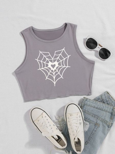 

spider web & heart print tank z1qs#, White