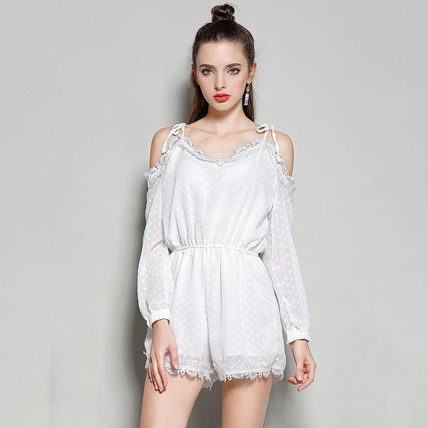 

women's jumpsuits & rompers women tie shoulder lace trim long sleeves summer spring chiffon jumpsuit, Black;white