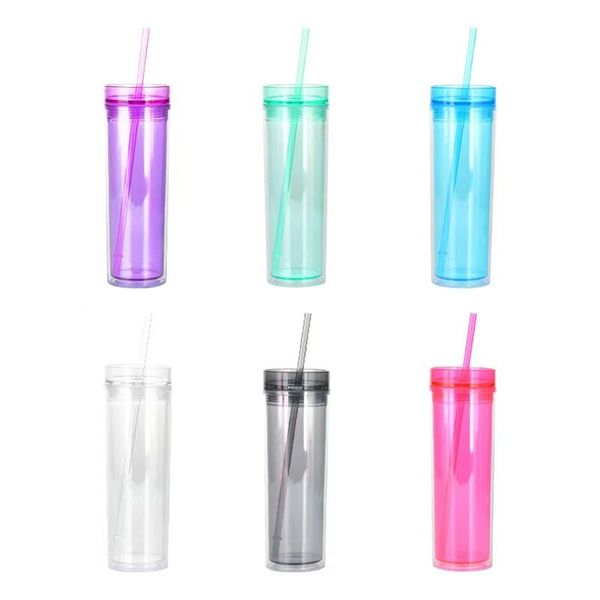 

mugs double wall transparent reusable skinny 16oz plastic tumbler with straw water cup
