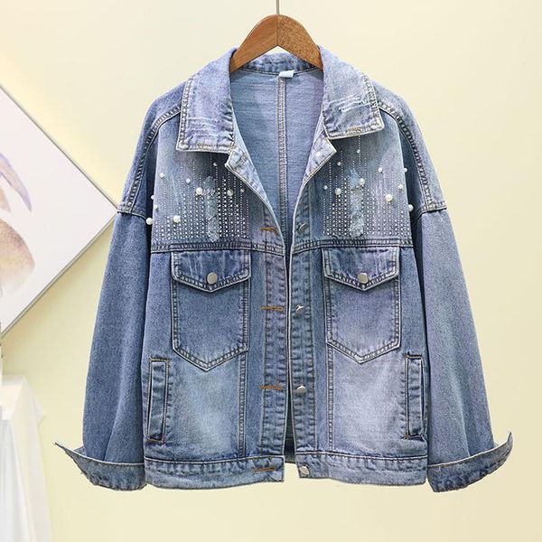 

women's jackets harajuku beading diamond boyfriend denim jacket women outerwear spring vintage loose pocket frayed blue jeans female, Black;brown