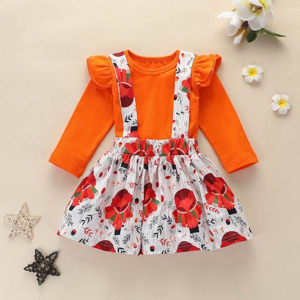 

clothing sets toddler baby girls kids autumn outfits solid ruffle shirt +floral suspender skirts fashion girl clothes 1-4y, White