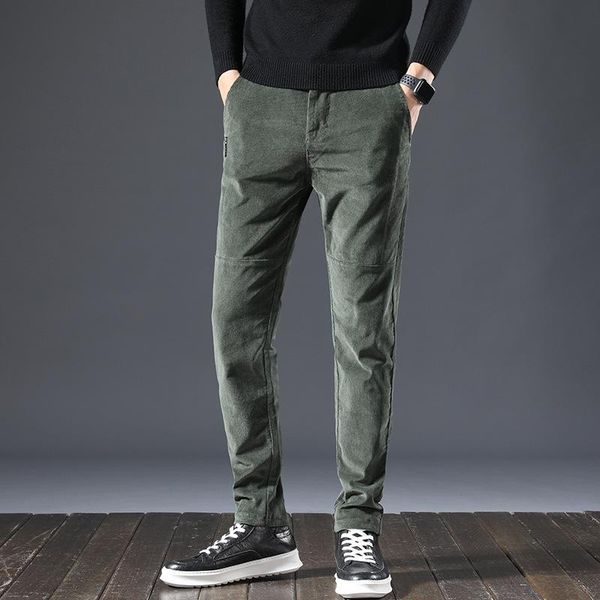 

men's pants brand corduroy casual business fashion cotton solid color elastic regular slim fit trousers male grey coffee green, Black