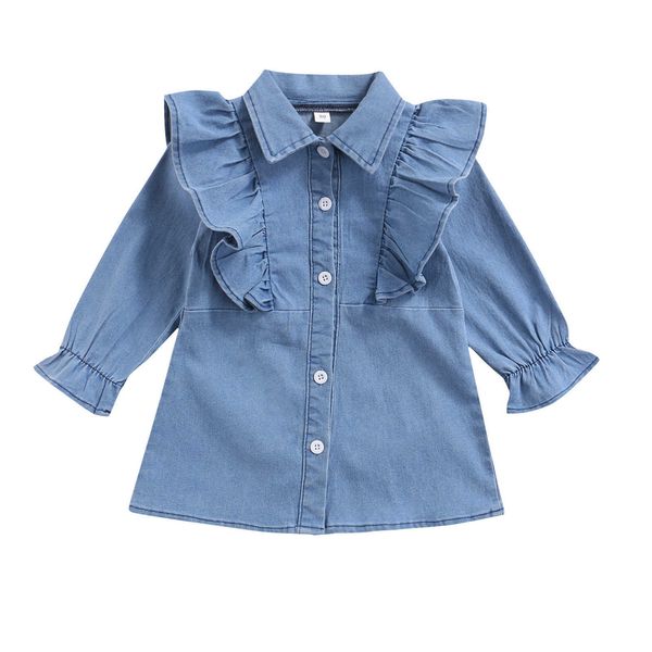 

children's flying sleeve buttoned long-sleeved denim dress with ruffled single-breasted shirt version casual spring dress g1026, Red;yellow