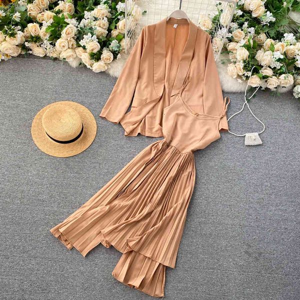 

suits fashion autumn winter sleeve coat and strap long a-line dress women sets, Black