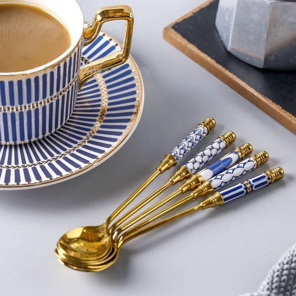 

spoons stainless steel coffee scoop korean creative spoon ceramic dessert ladle long handle stir customizable dinnerware 5pcs/set