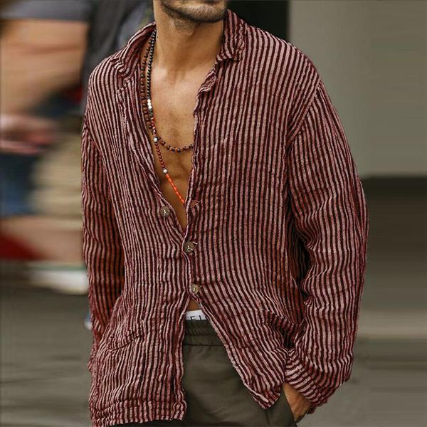 

spring casual long sleeve striped shirts men fashion loose turn-down collar button cotton linen shirt male streetwear 2021 men's, White;black