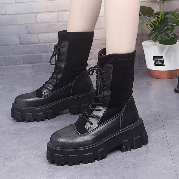 

boots 2021 waterproof platform lace-up mid women leather cloth stitching warm high heel women's shoes w22-71, Black