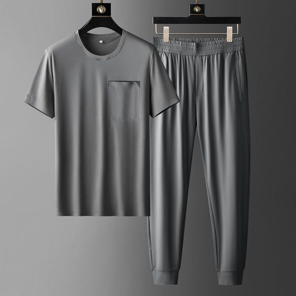 

jogging clothing 2021 summer thin male sets (t-shirts+pants) luxury short sleeve round collar casual mens fashion slim fit man suits 4xl, Black;red