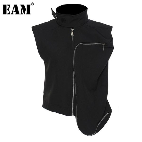 

women's vests [eam] women loose fit black irregular zipper casual vest stand collar sleeveless fashion tide spring summer 2021 1de1173, Black;white