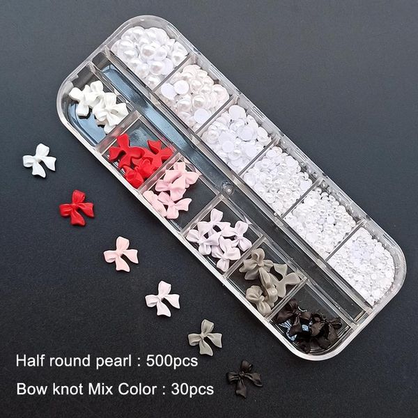 

nail art decorations 12 grid box set accessories resin bow skirt sun flower half round pearl mix match fingernail diy decoration, Silver;gold