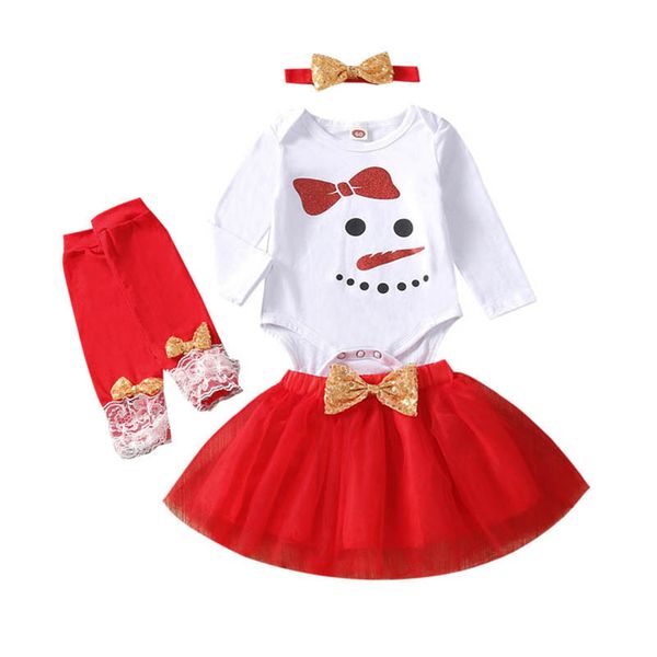 

christmas girls outfits kids clothing sets baby clothes children suit long-sleeved romper jumpsuit tutu skirt leg warmers headbands 4pcs b84, White