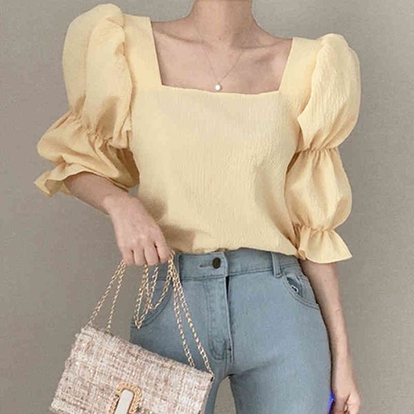 

[ewq] korean chic sweet off-shoulder loose pleated chiffon shirt women summer puff sleeve pullover blusas black16w659 210423, White