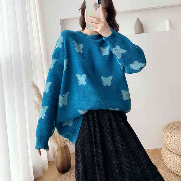 

fashion women's sweater autumn and winter loose and lazy style outer wear butterfly printed knitted 210522, White;black