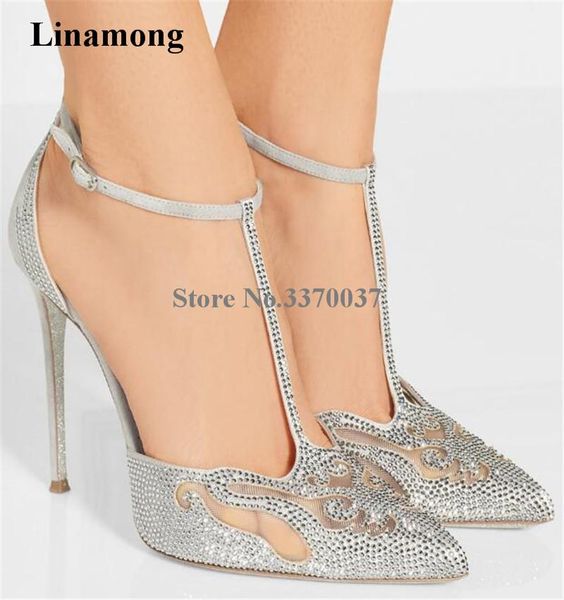 

dress shoes women luxury bling pointed toe mesh rhinestone thin heel pumps ankle straps crystal high heels wedding, Black