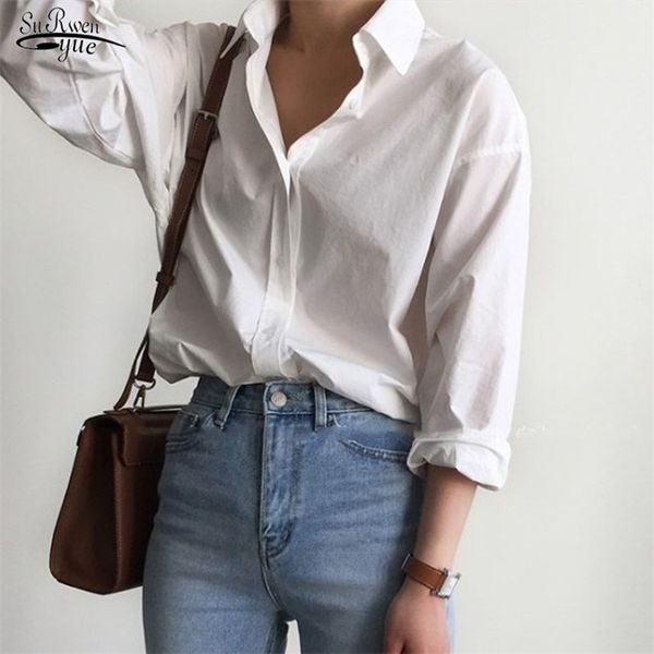 

blusas autumn korean long sleeve cotton women blouses plus size vintage solid button shirts chic ladies 10156 210421, White