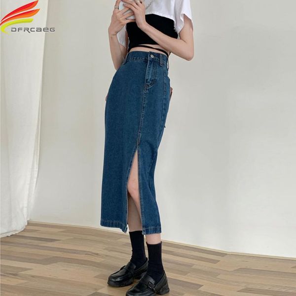 

skirts 2021 summer long denim skirt women high waisted pockets a line slit jean street wear blue jupe longue femme, Black