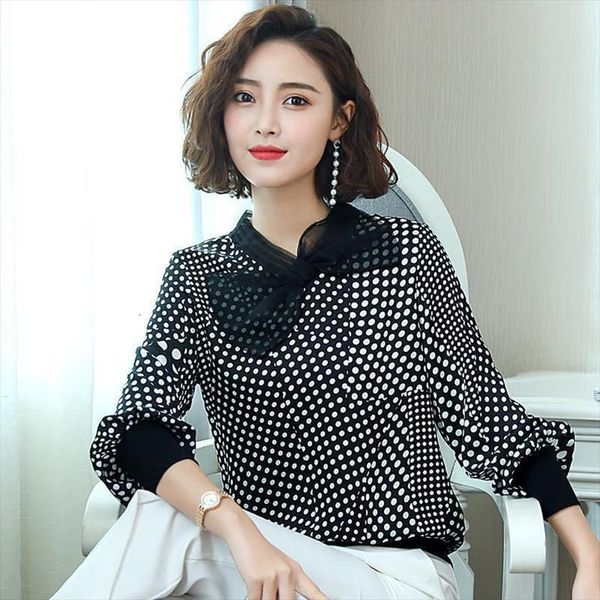 

polka dot fresh style womens blouses chiffon long sleeved loose fashion mesh bow tie bottoming blouse pullover women spring autumn, White