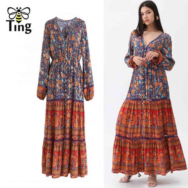 

loose bohemian print maxi dress v neck single breasted people long boho beach holiday vestidos full sleeve 210513, Black;gray