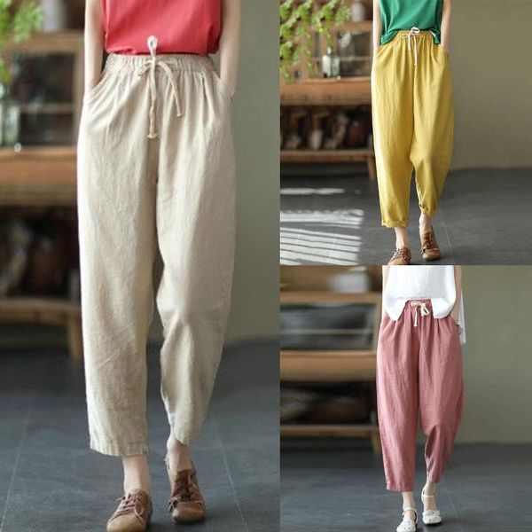 

women's pants & capris solid mid waisted capri women loose classic for calf-length pink pencil trousers autumn cotton linen, Black;white