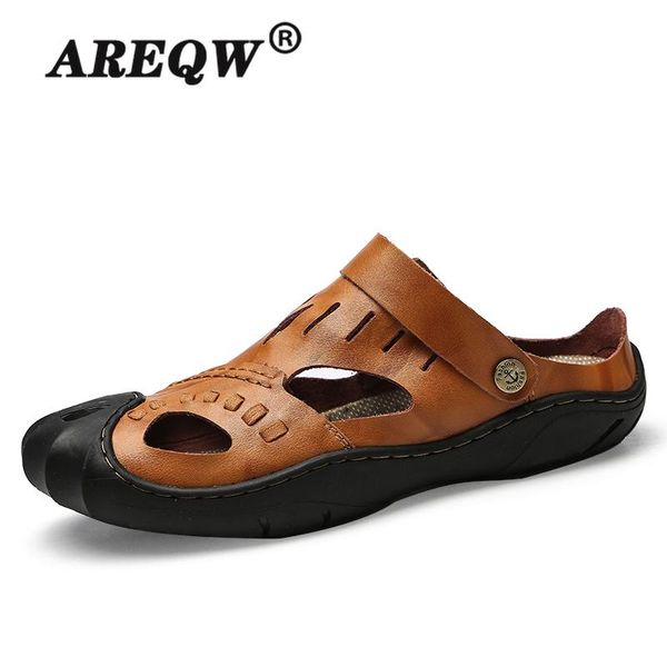 

sandals men's casual shoes genuine leather mens roman summer comfortable male slippers beach big size, Black