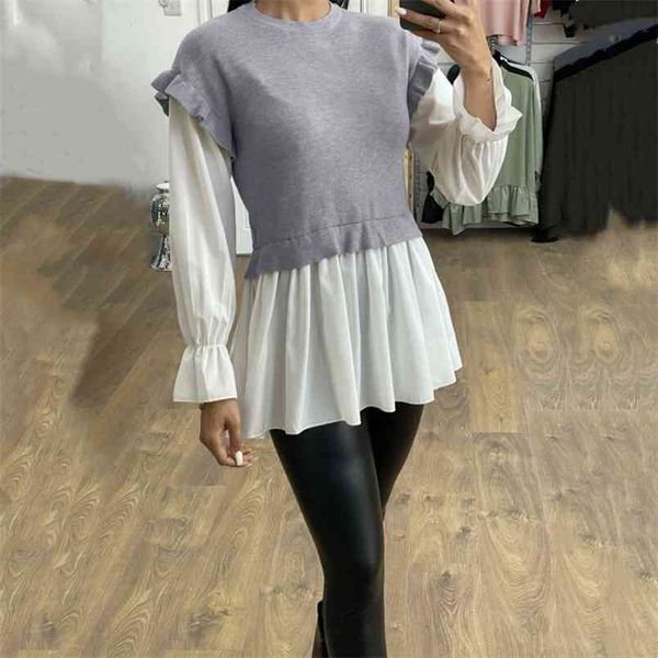 

spring round neck thread stitching ruffled fake two-piece office lady long sleeve lotus sleeves pullover blouse 210517, White;black