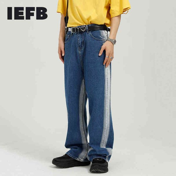 IEFB blu scuro coreano personalità colore contrasto patchwork tendenza moda jeans skinny larghi uomo 9Y7095 210524