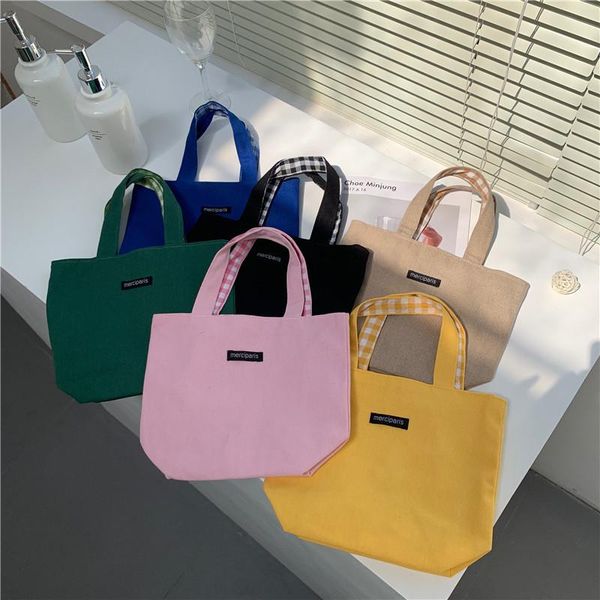 

evening bags double-sided women plaid shoulder bag simple canvas female small purse handbags schoolgirl mummy hand-carried lunch bento