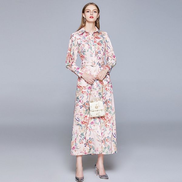 

autumn winter fashion runway maxi dress women's long sleeve single-breasted vintage printed elegant pink long dress with belt 210514, Black;gray