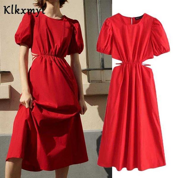 

klkxmyt za summer dress women red hollow out midi woman elastic waist side straps elegant female es vestidos 210527, Black;gray