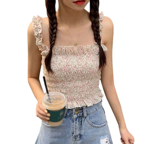 

women's tanks & camis summer streetwear korean style girl heart tank women pleated floral chiffon camisole vest, White