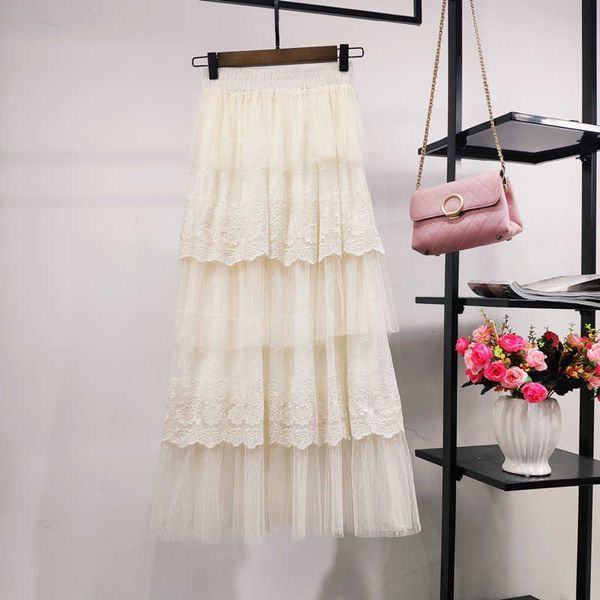 

lace tulle skirt women solid summer long white black tutu s a line laides elegant high waist elastic faldas 210601